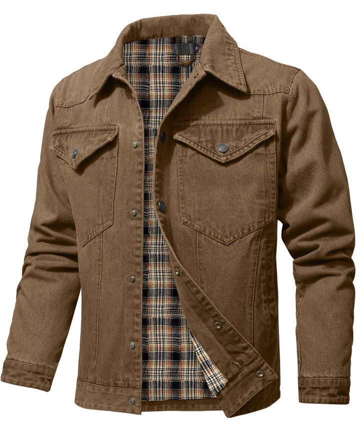 Men's Flannel-Lined Denim Trucker Jacket Button-Front Carhartt Style