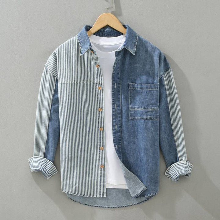 Mens Flannel Shirts Long-Sleeve Contrast Panel Denim Shirt