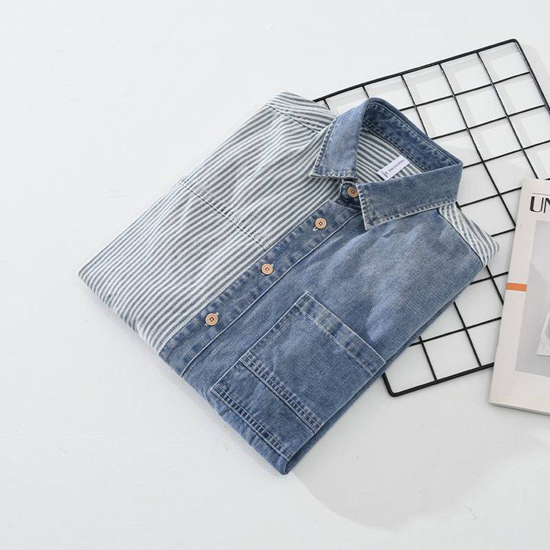 Mens Flannel Shirts Long-Sleeve Contrast Panel Denim Shirt
