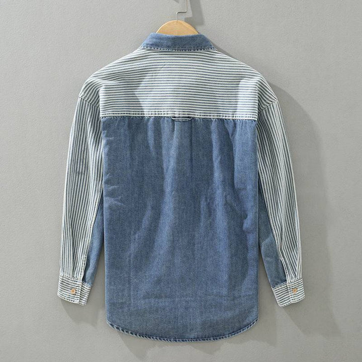 Mens Flannel Shirts Long-Sleeve Contrast Panel Denim Shirt