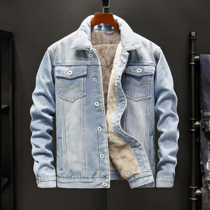 Mens Fleece-Lined Denim Jacket Sherpa Bomber Windproof Coat