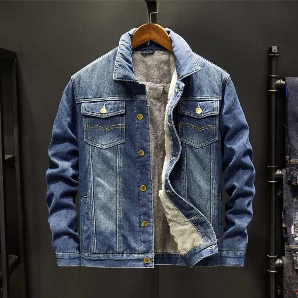 Mens Fleece-Lined Denim Jacket Sherpa Bomber Windproof Coat