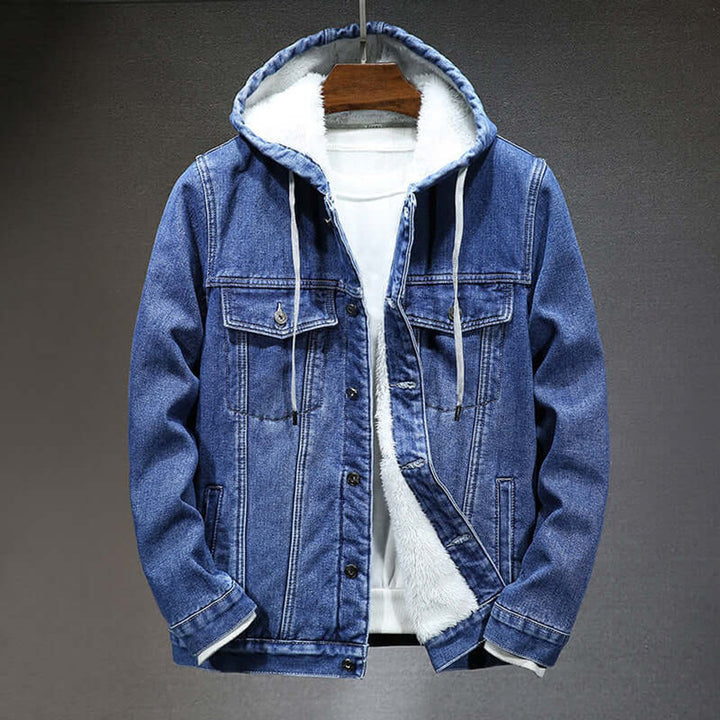 Men's Fleece-Lined Hooded Denim Jacket Bomber Outerwear Coat
