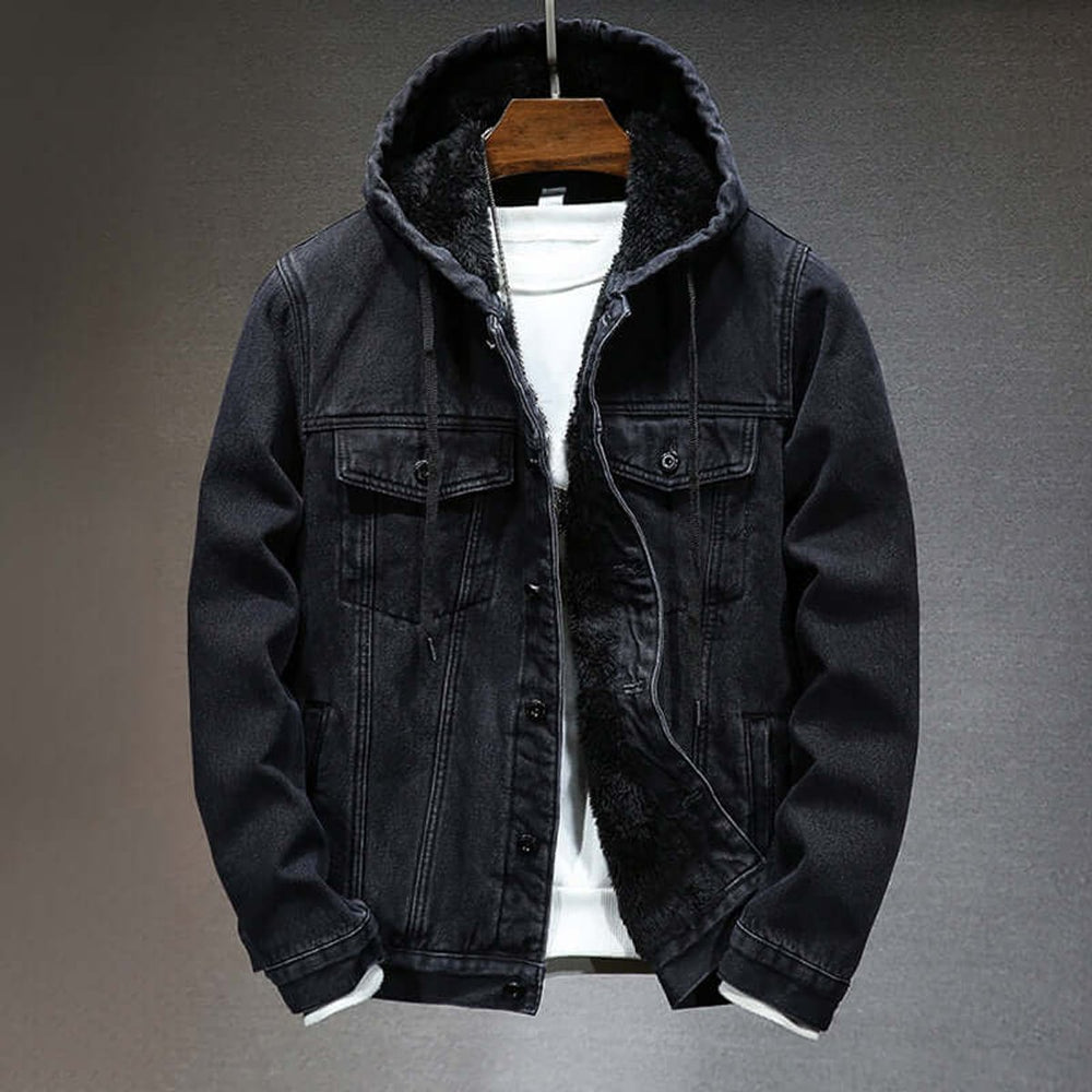 Men's Fleece-Lined Hooded Denim Jacket Bomber Outerwear Coat
