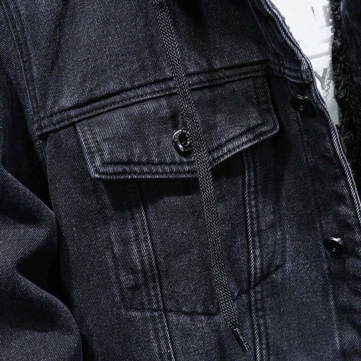 Men's Fleece-Lined Hooded Denim Jacket Bomber Outerwear Coat