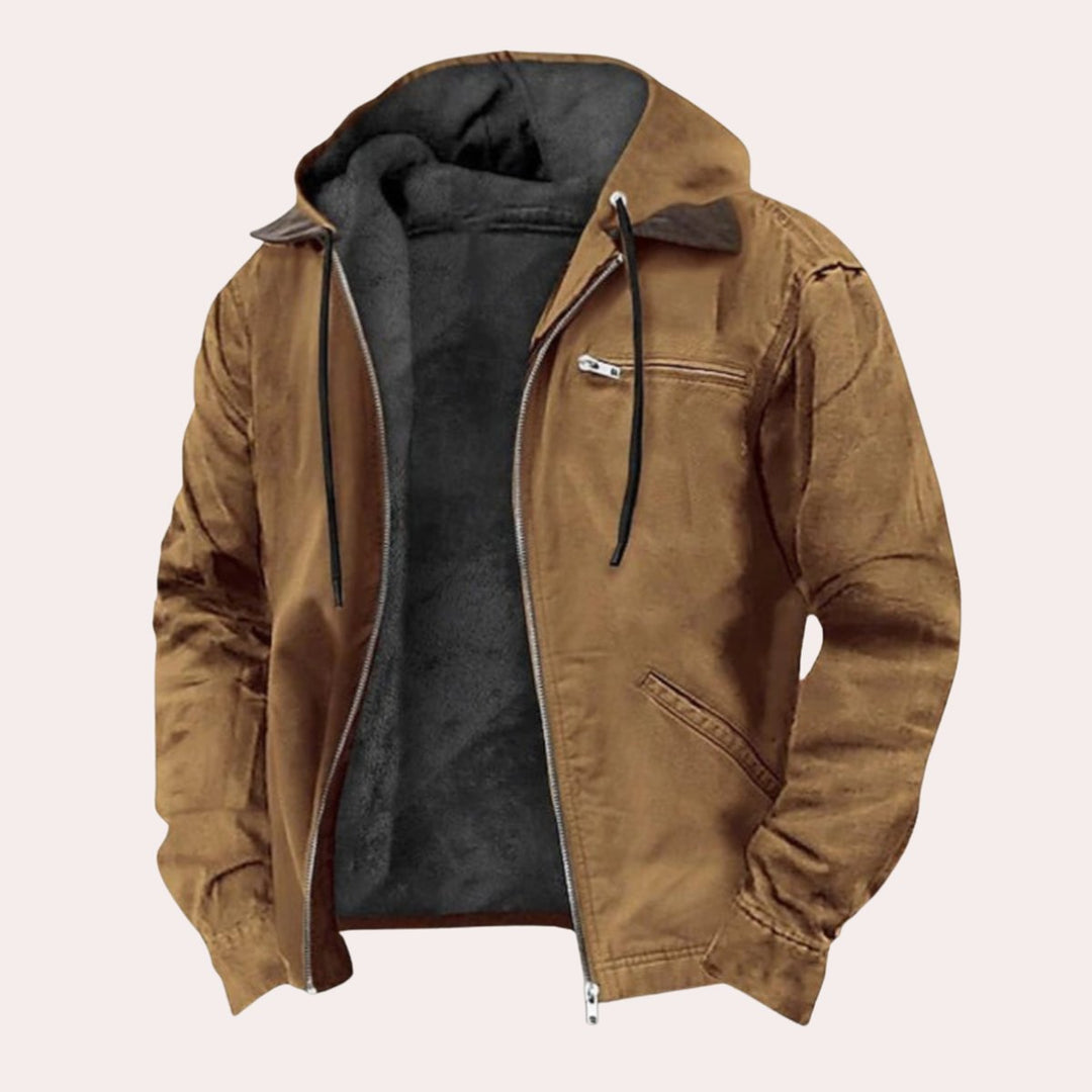 Mens Fleece-Lined Hooded Zip-Up Canvas Jacket