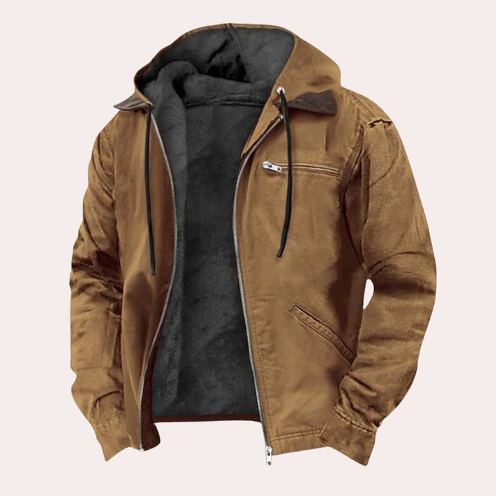 Mens Fleece-Lined Hooded Zip-Up Canvas Jacket