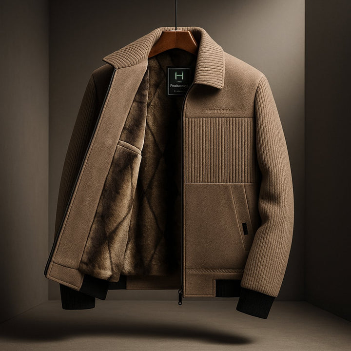Men's Fleece-Lined Zip-Up Bomber Jacket Ribbed Cuff Coat