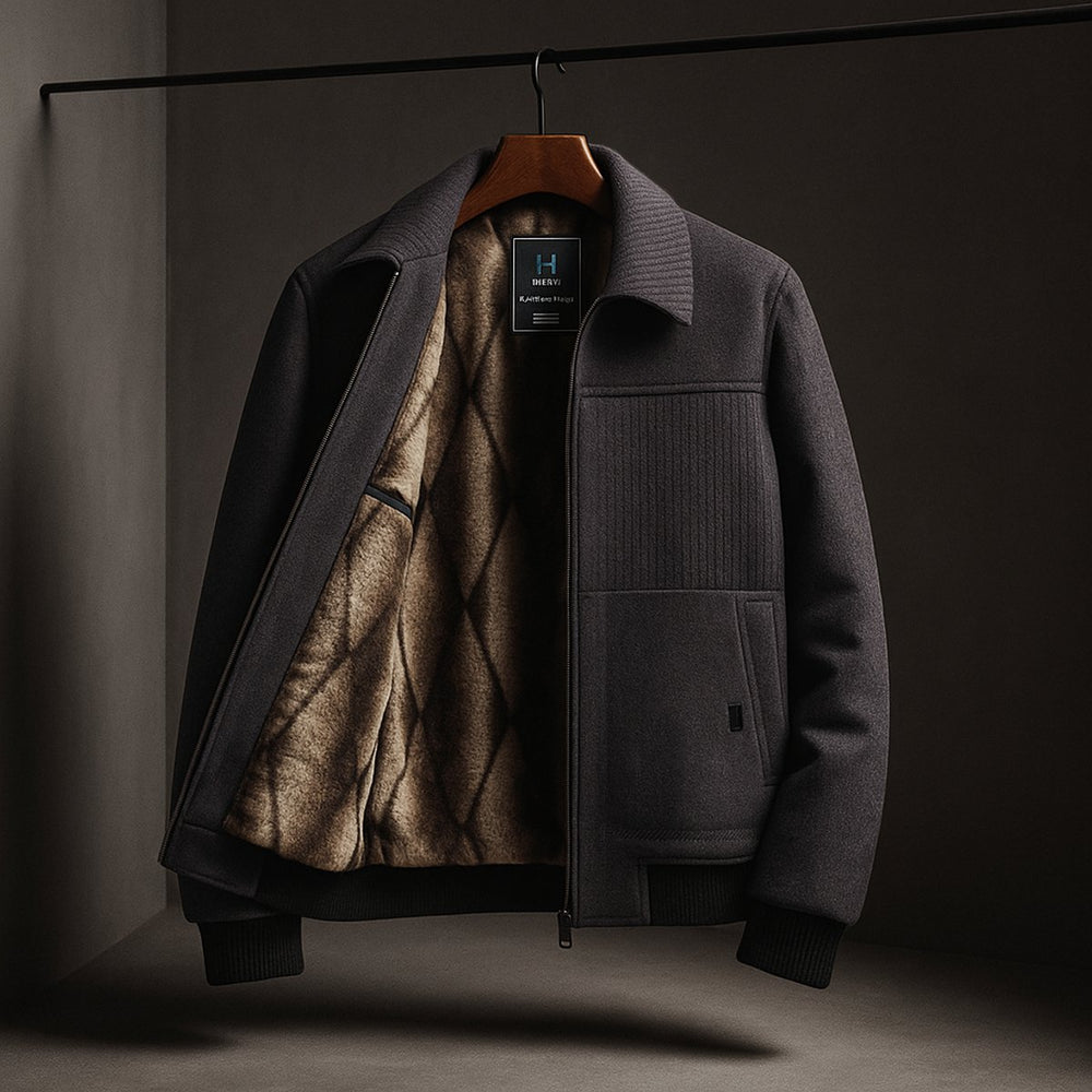 Men's Fleece-Lined Zip-Up Bomber Jacket Ribbed Cuff Coat