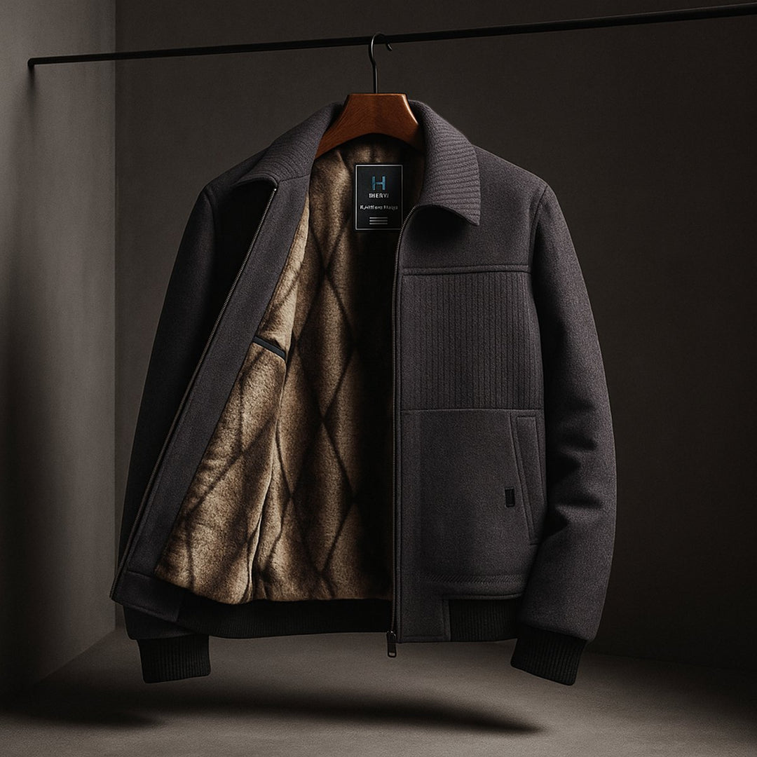 Men's Fleece-Lined Zip-Up Bomber Jacket Ribbed Cuff Coat