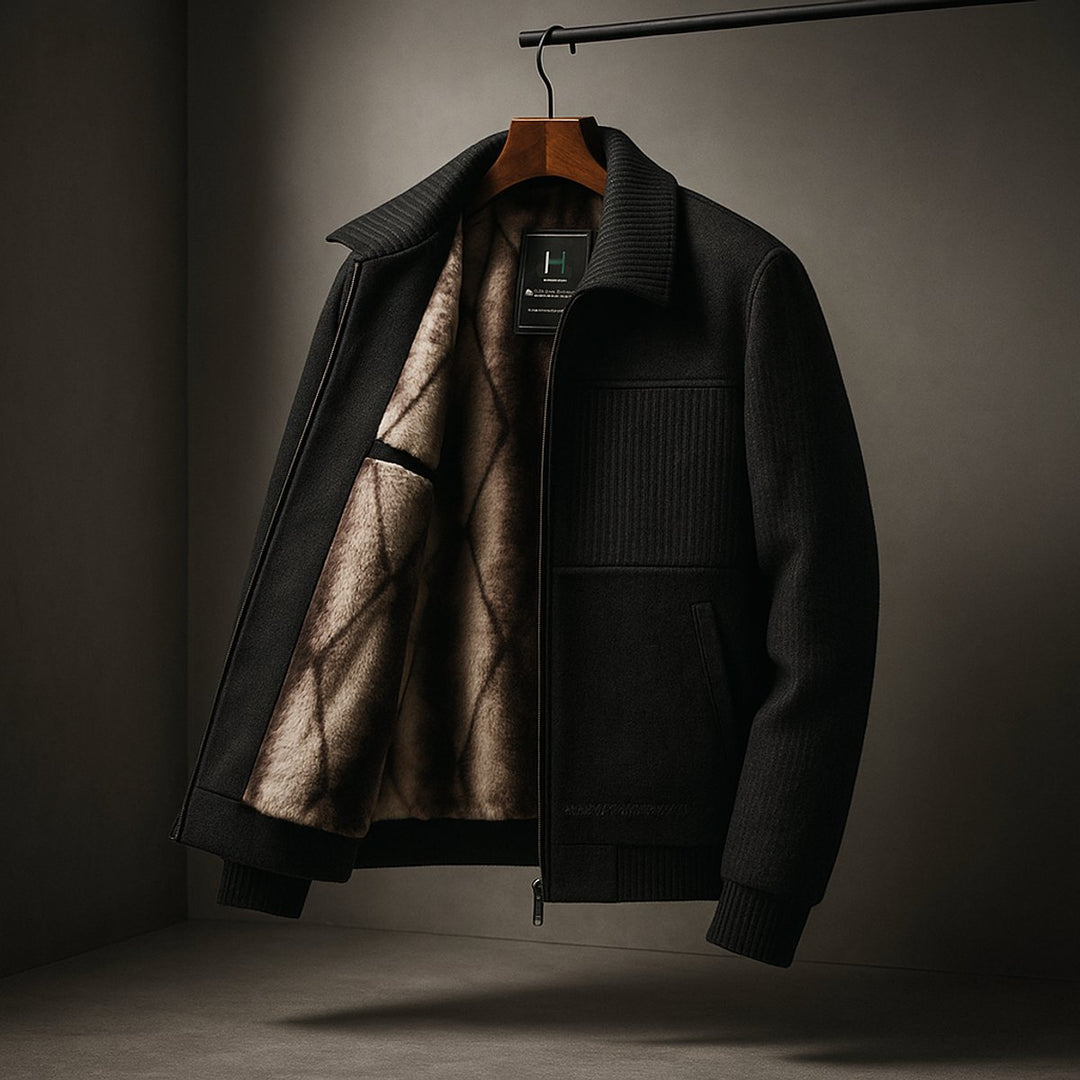 Men's Fleece-Lined Zip-Up Bomber Jacket Ribbed Cuff Coat