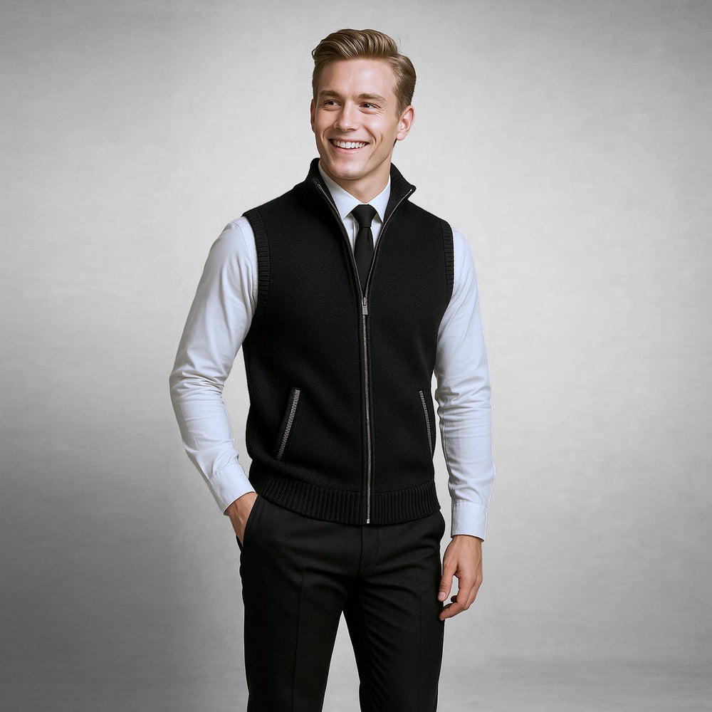 Men's Full-Zip Knitted Cardigan Sleeveless Lambswool Gilet