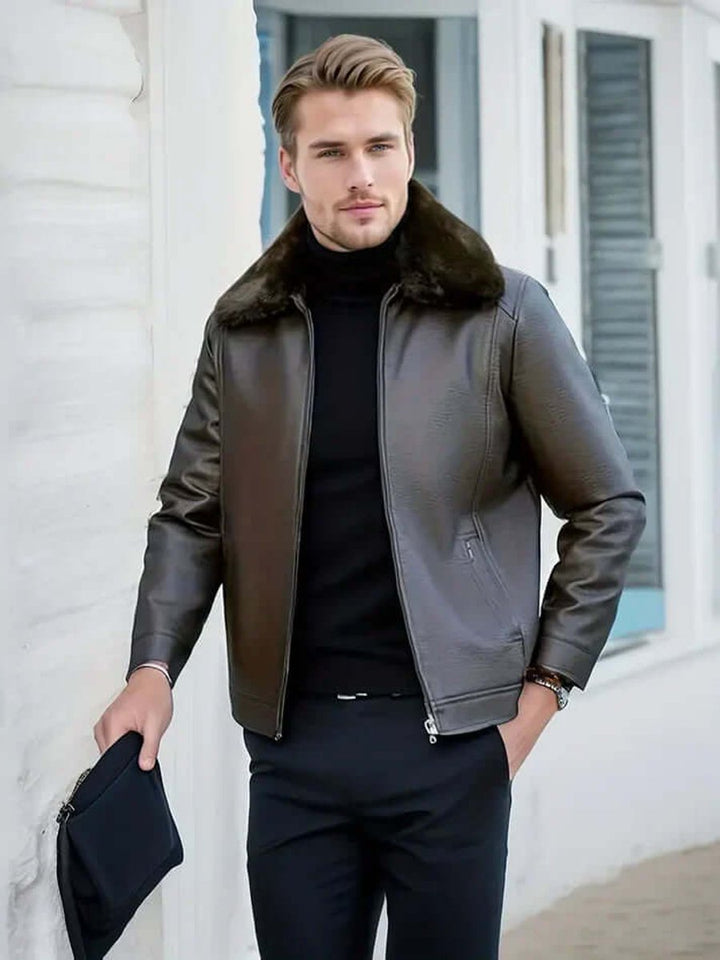 Men's Fur-Collar Leather Bomber Jacket Autumn Coat