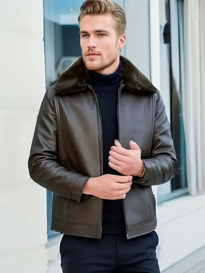 Men's Fur-Collar Leather Bomber Jacket Autumn Coat