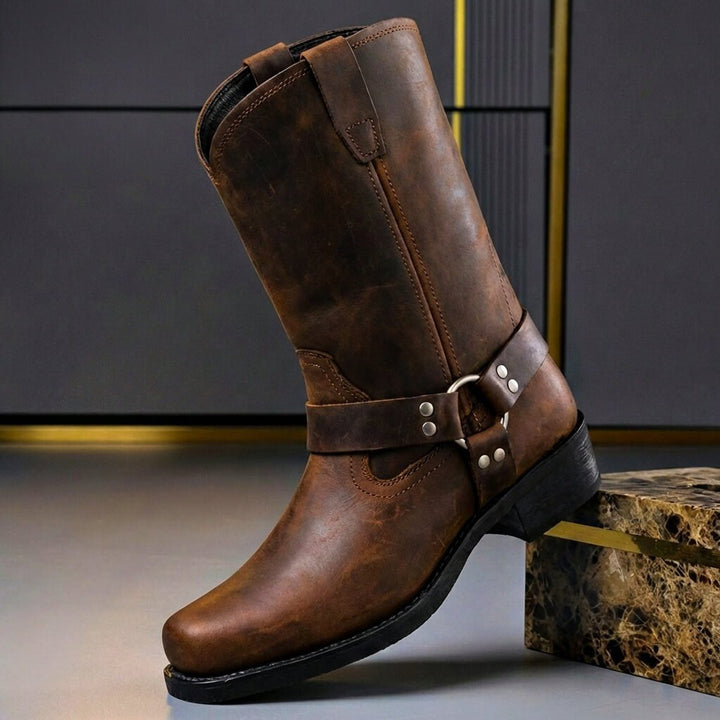 Men's Genuine Leather Harness Knee-High Western Boots - Cognac Brown