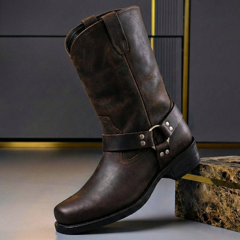 Men's Genuine Leather Harness Knee-High Western Boots - Oak Brown