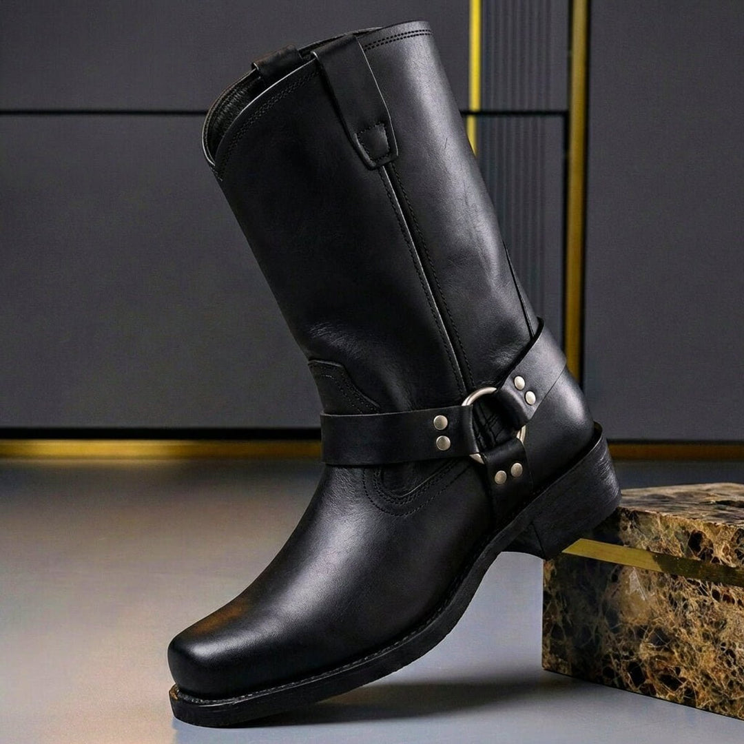 Men's Genuine Leather Harness Knee-High Western Boots - Obsidian Black