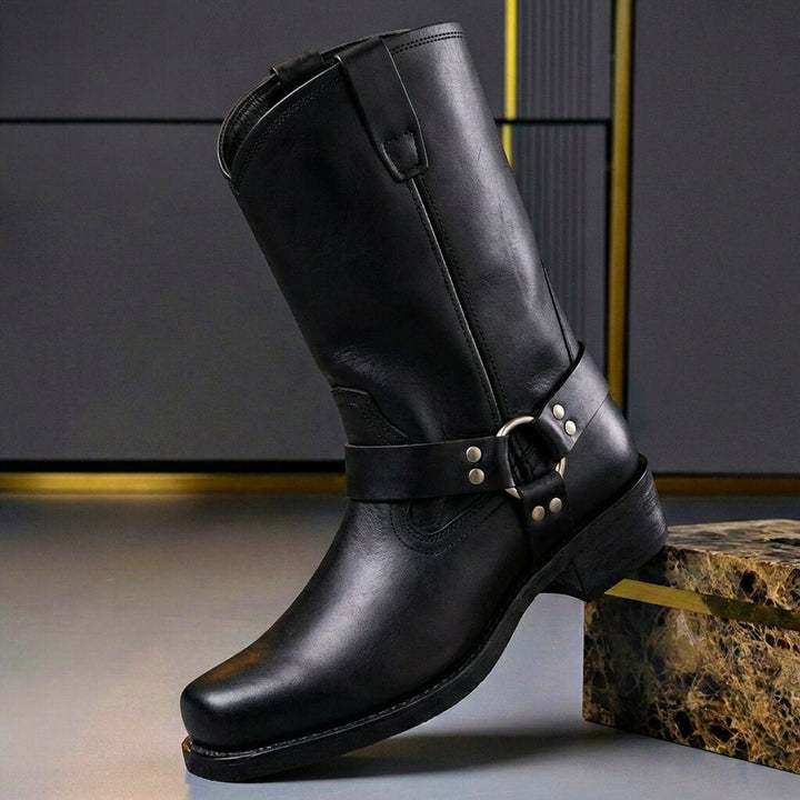 Men's Genuine Leather Harness Knee-High Western Boots - Obsidian Black