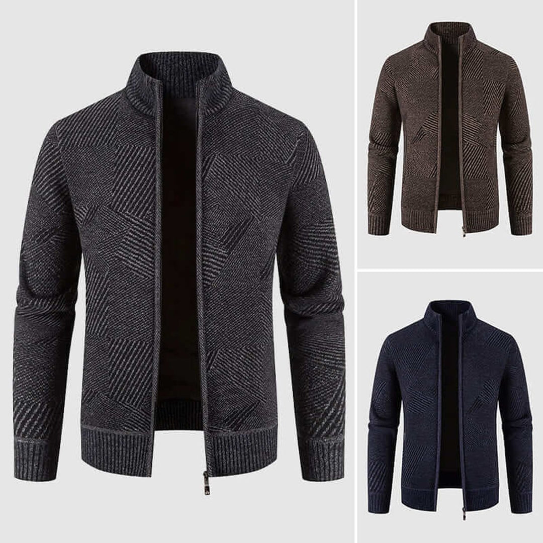 Men's Geometric Knit Zip-Up Bomber Jacket Cardigan