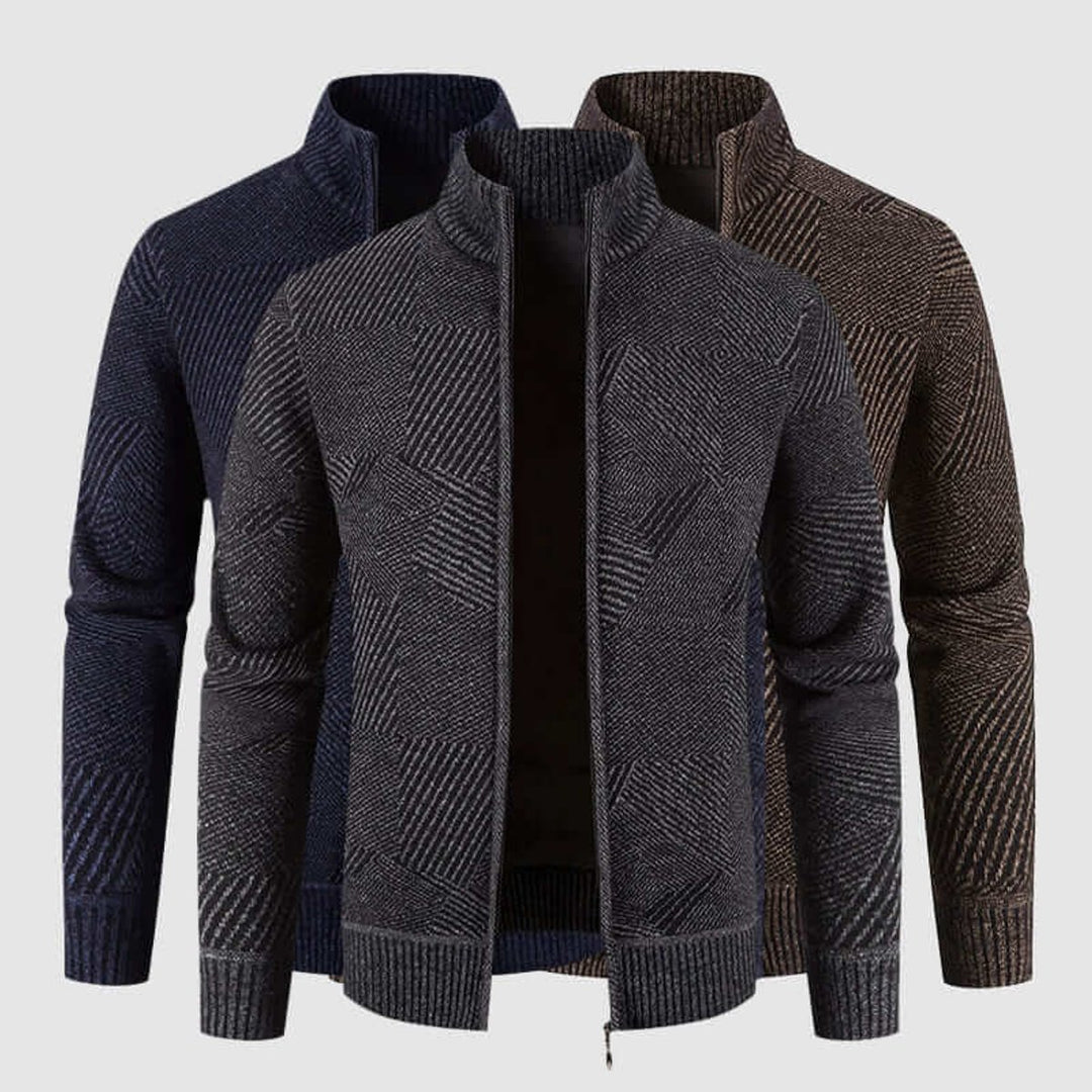 Men's Geometric Knit Zip-Up Bomber Jacket Cardigan