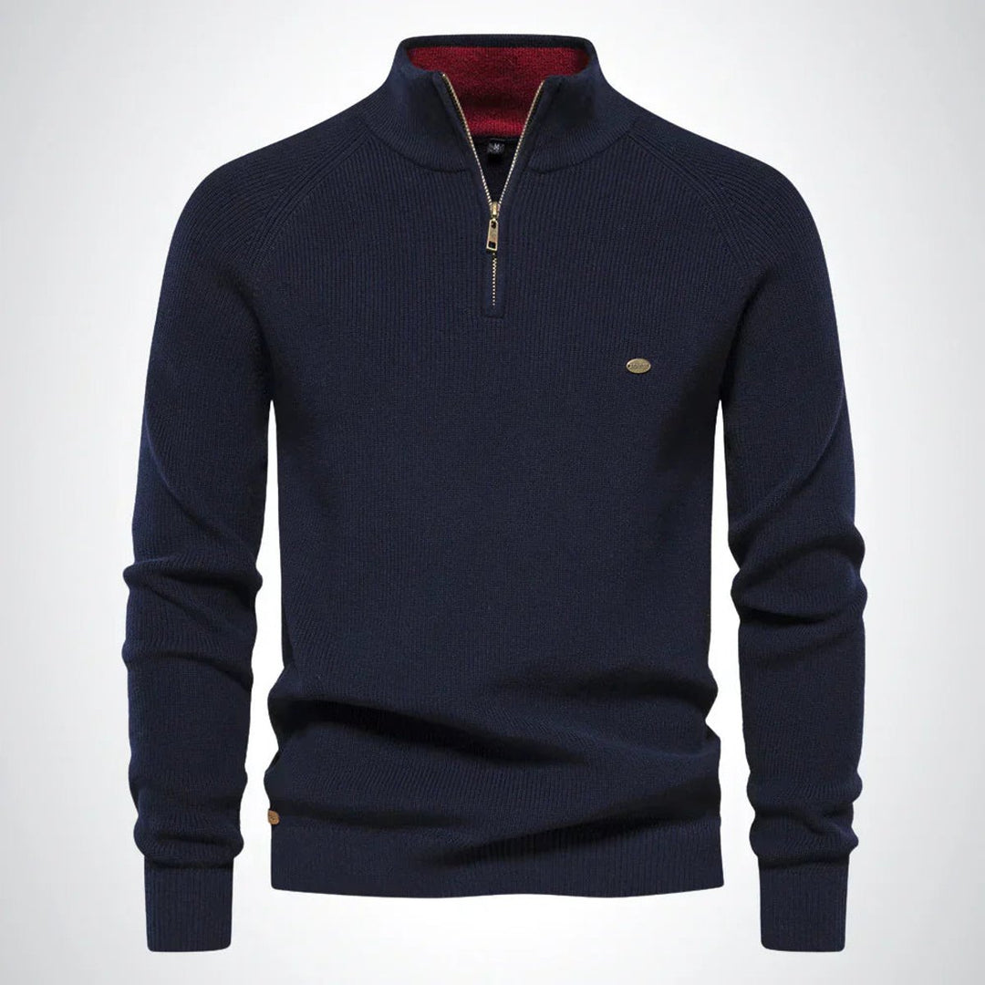 Men's Half-Zip Knitted Jumper Stand Collar Ribbed Pullover