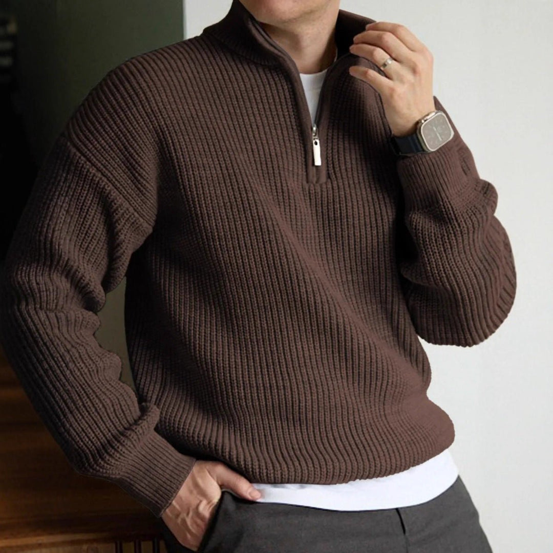 Mens Heavyweight Quarter-Zip Knitted Jumper Ribbed Pullover