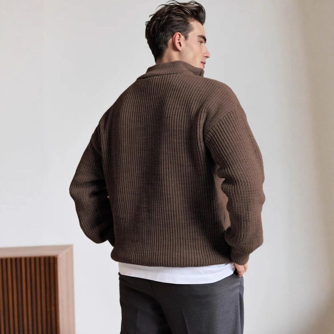 Mens Heavyweight Quarter-Zip Knitted Jumper Ribbed Pullover