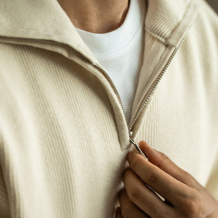Mens Heavyweight Quarter-Zip Knitted Jumper Ribbed Pullover