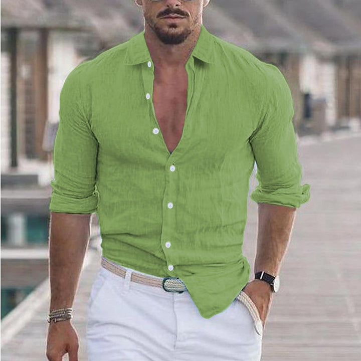 Men's Henley Long-Sleeve Band Collar Linen Button-Up Shirt