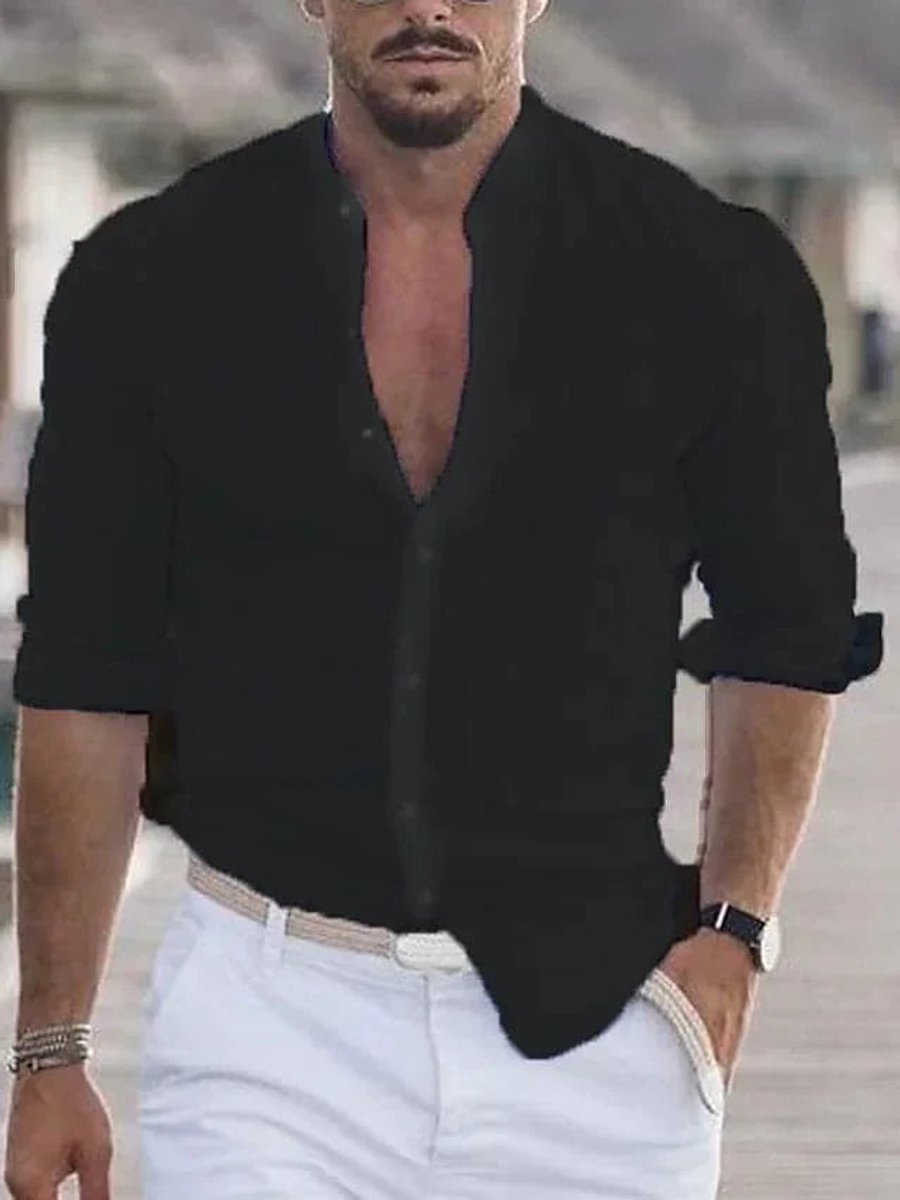 Men's Henley Long-Sleeve Band Collar Linen Button-Up Shirt