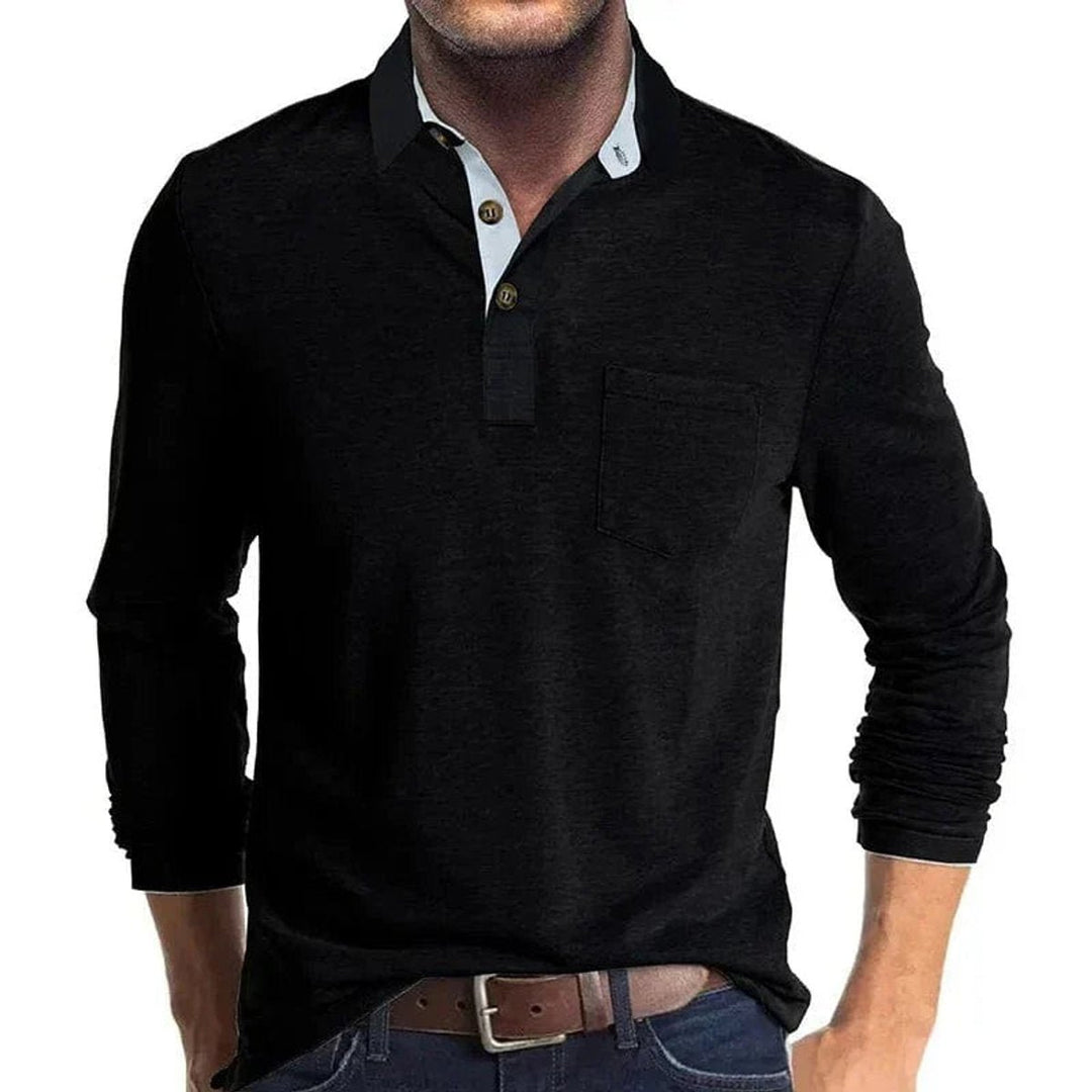 Men's Henley Long-Sleeve Contrast Collar Button-Placket Polo Shirt