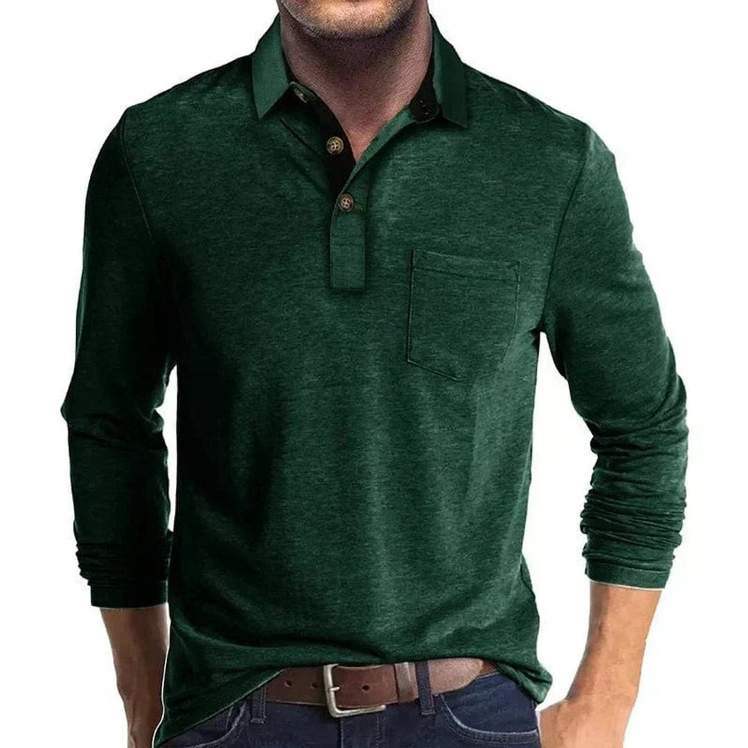 Men's Henley Long-Sleeve Contrast Collar Button-Placket Polo Shirt
