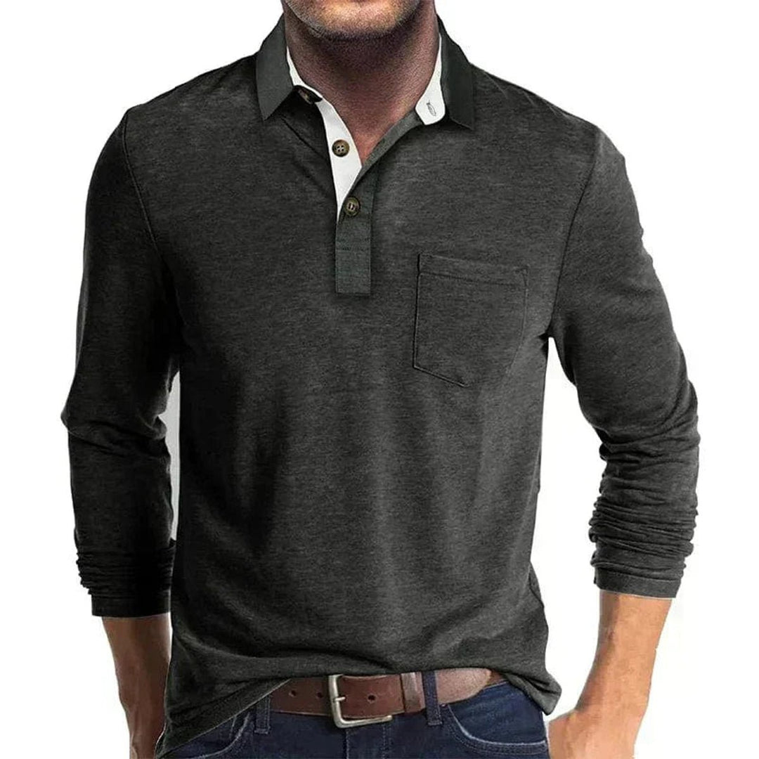 Men's Henley Long-Sleeve Contrast Collar Button-Placket Polo Shirt