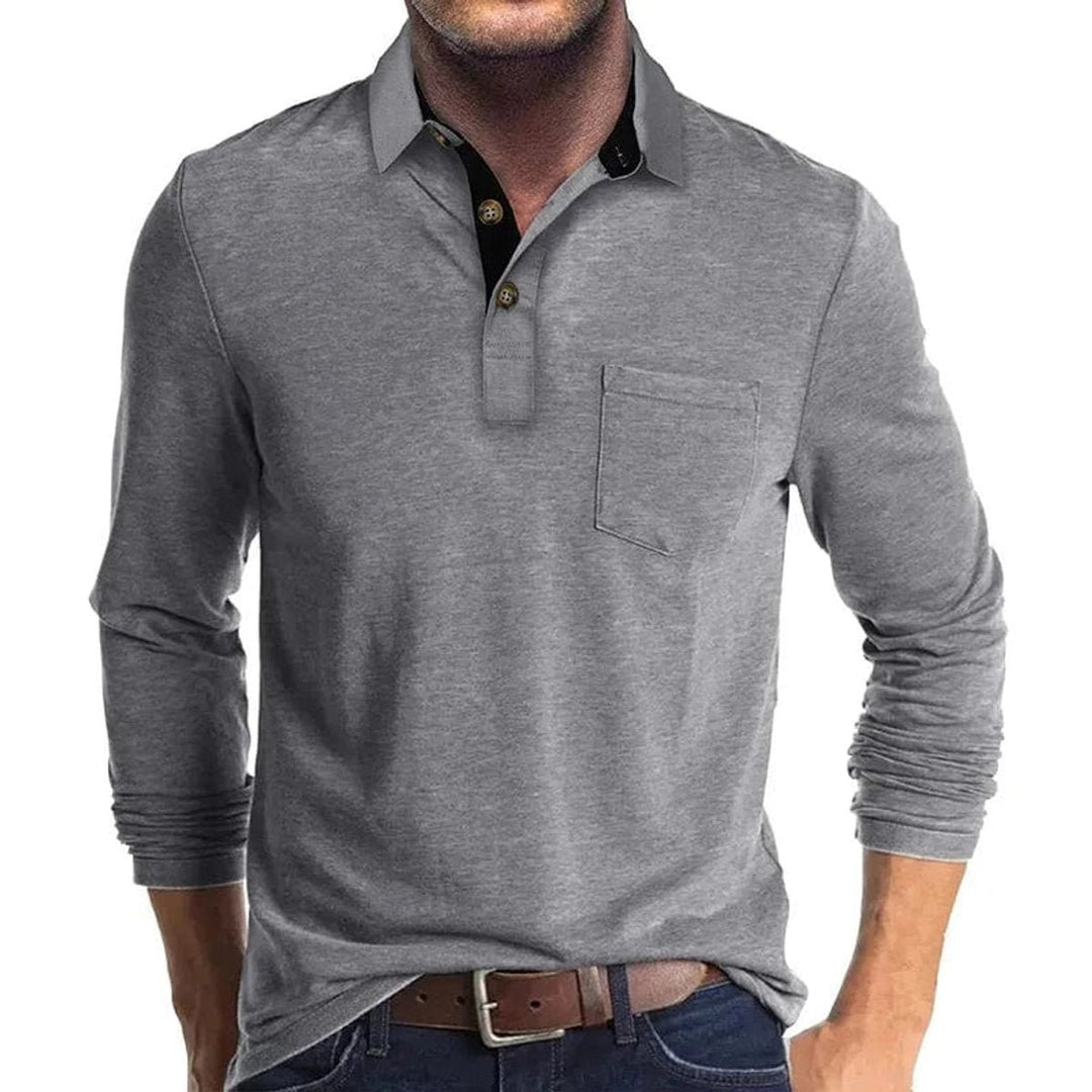 Men's Henley Long-Sleeve Contrast Collar Button-Placket Polo Shirt
