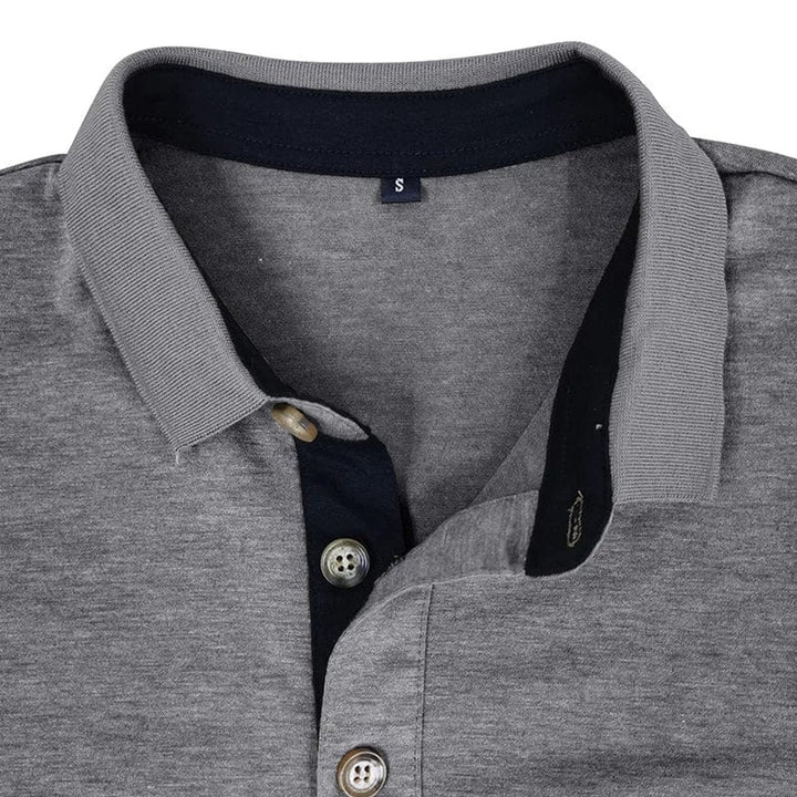 Men's Henley Long-Sleeve Contrast Collar Button-Placket Polo Shirt