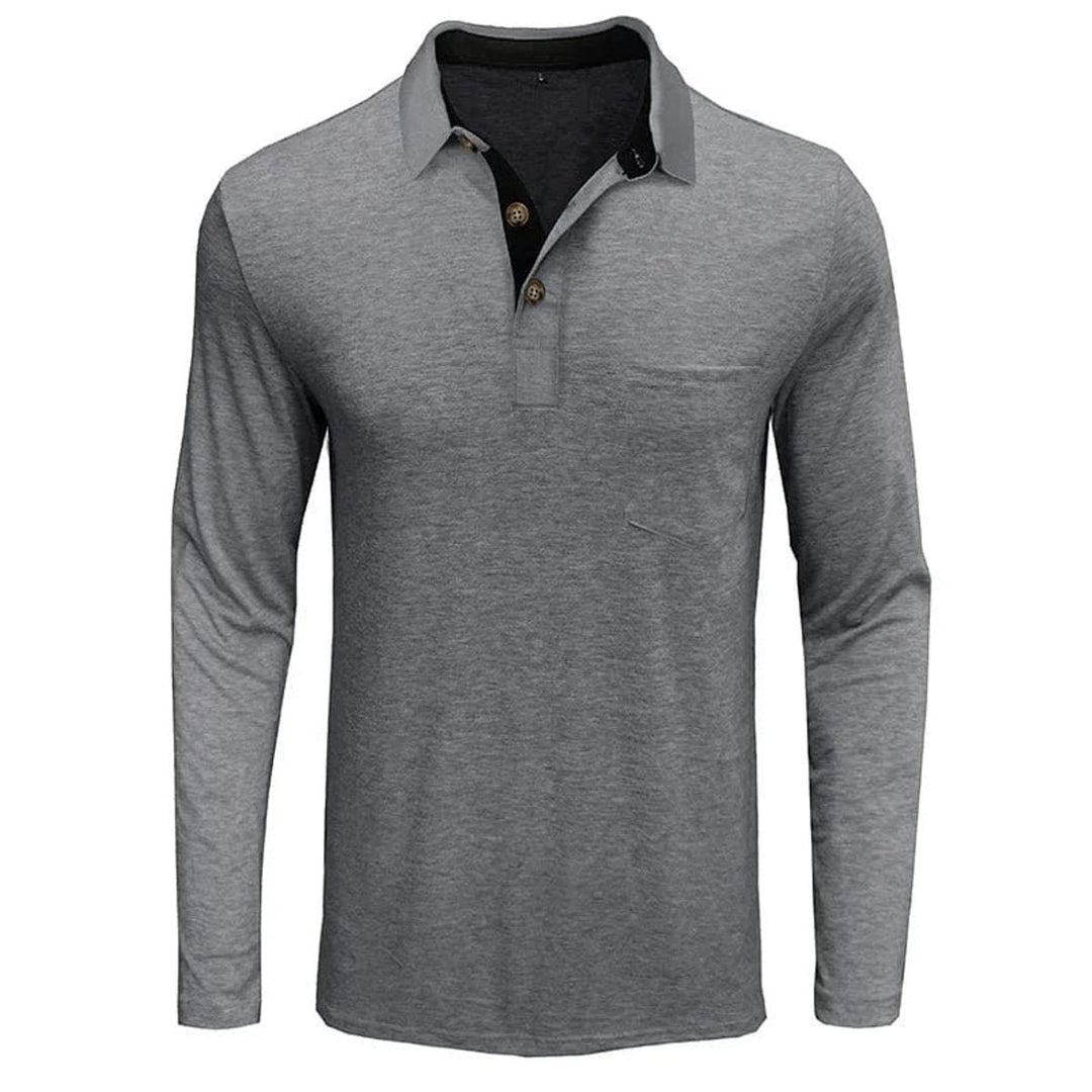 Men's Henley Long-Sleeve Contrast Collar Button-Placket Polo Shirt