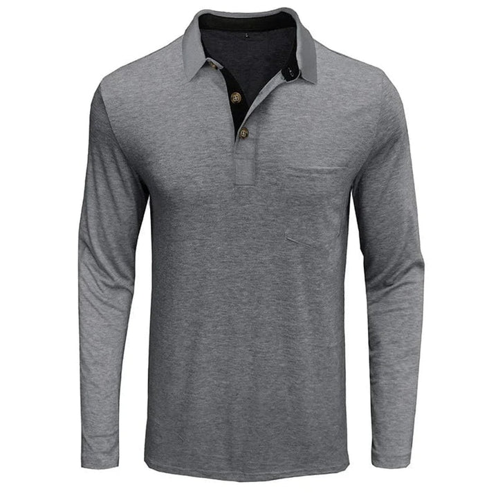 Men's Henley Long-Sleeve Contrast Collar Button-Placket Polo Shirt