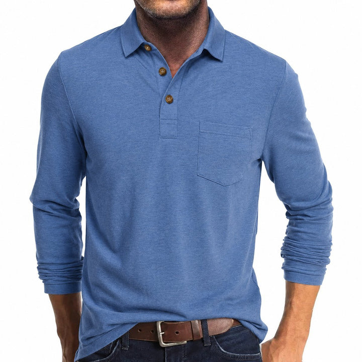 Men's Henley Long-Sleeve Contrast Collar Button-Placket Polo Shirt