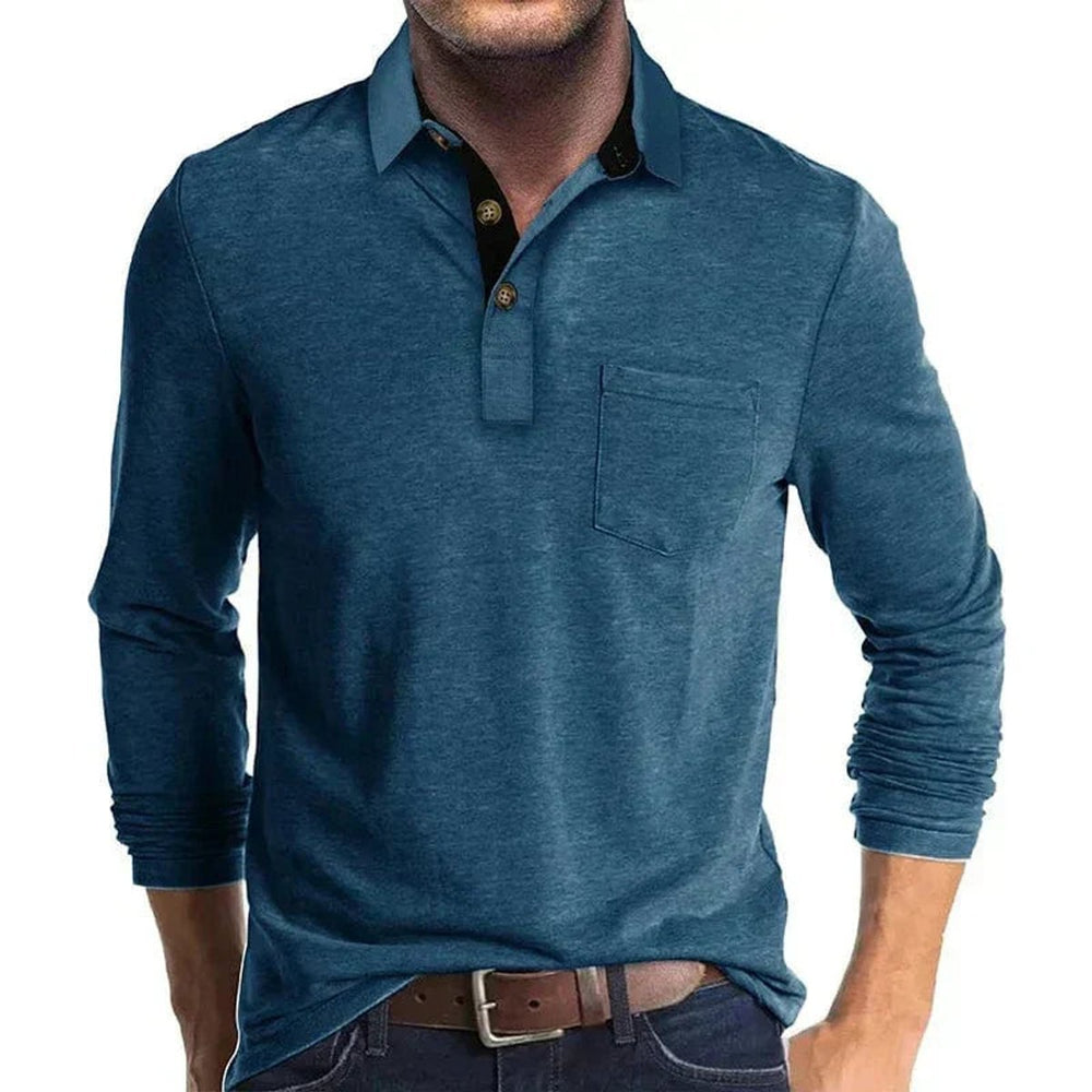 Men's Henley Long-Sleeve Contrast Collar Button-Placket Polo Shirt