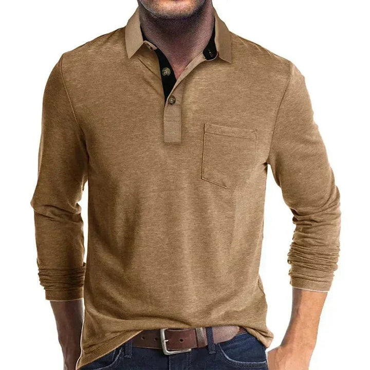 Men's Henley Long-Sleeve Contrast Collar Button-Placket Polo Shirt