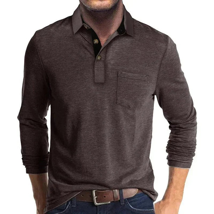 Men's Henley Long-Sleeve Contrast Collar Button-Placket Polo Shirt
