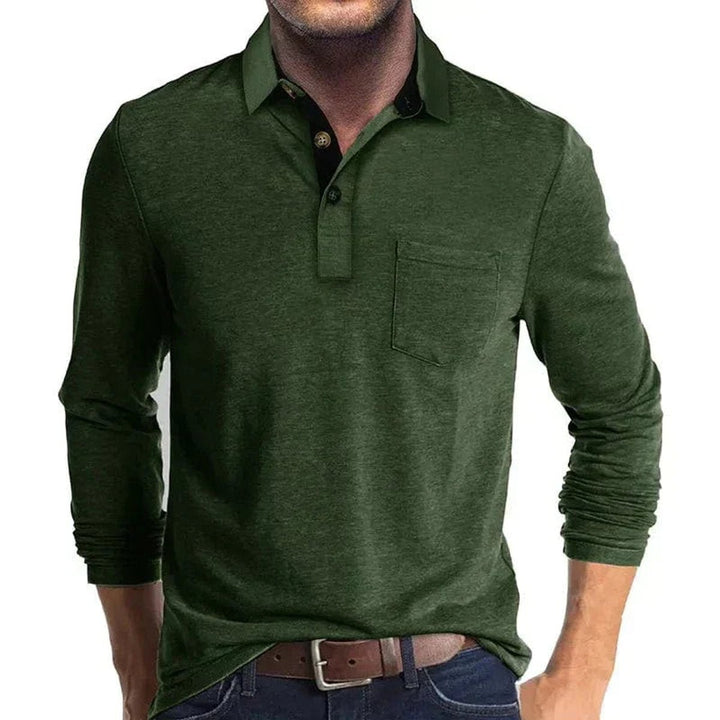Men's Henley Long-Sleeve Contrast Collar Button-Placket Polo Shirt