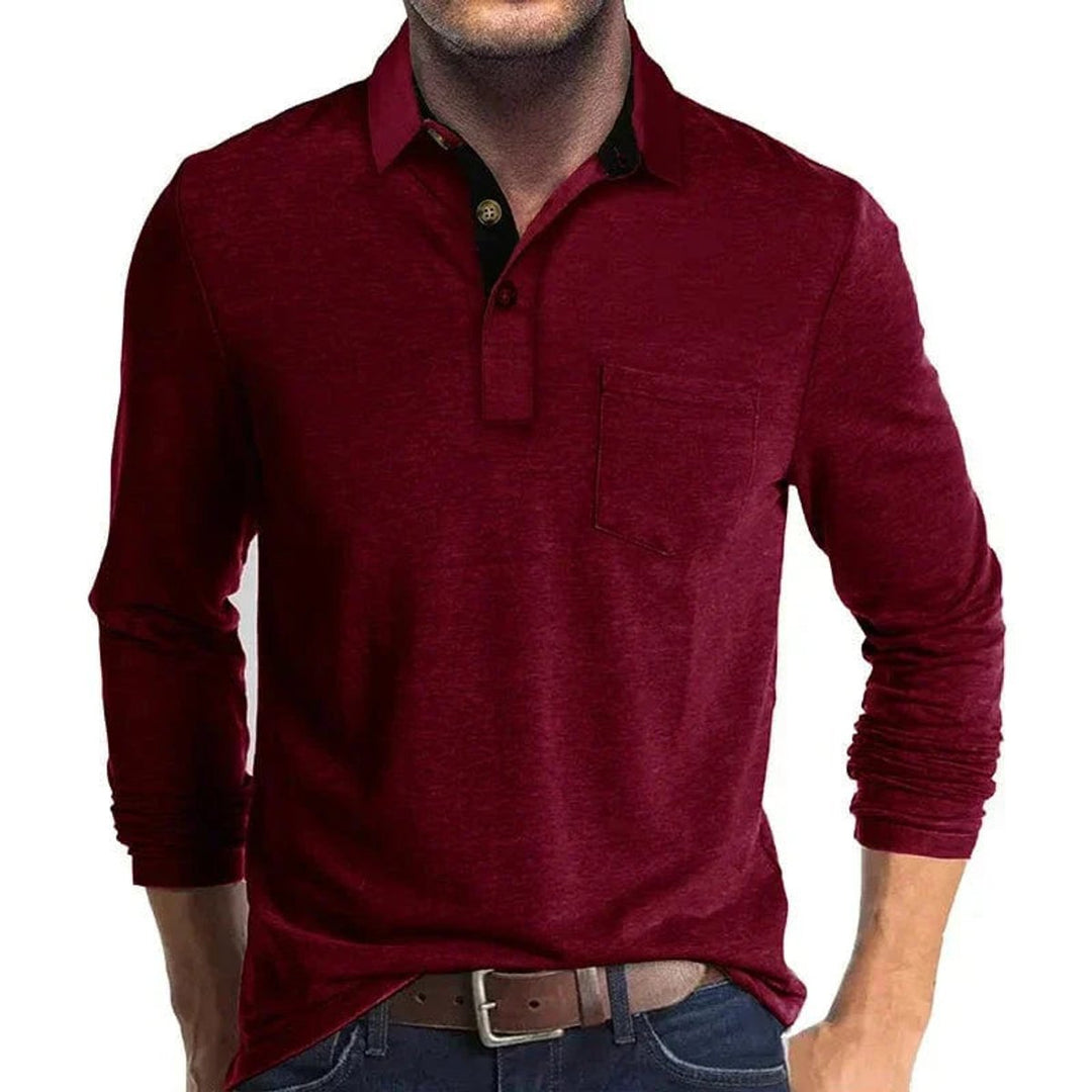 Men's Henley Long-Sleeve Contrast Collar Button-Placket Polo Shirt