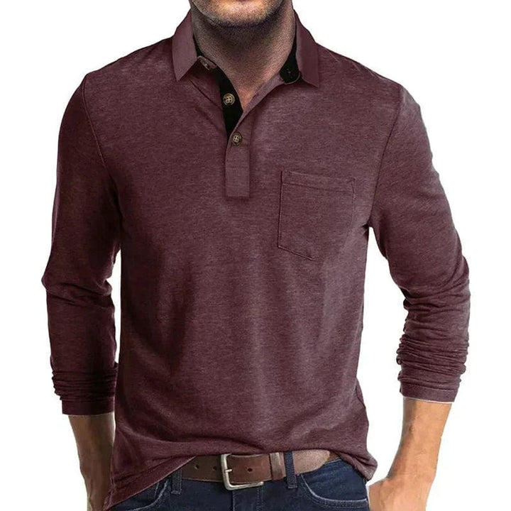 Men's Henley Long-Sleeve Contrast Collar Button-Placket Polo Shirt