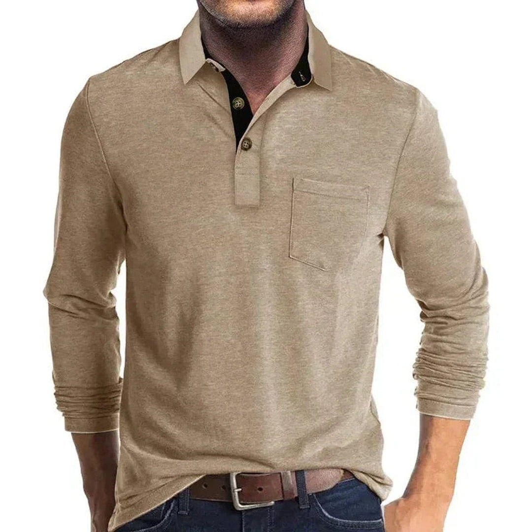 Men's Henley Long-Sleeve Contrast Collar Button-Placket Polo Shirt