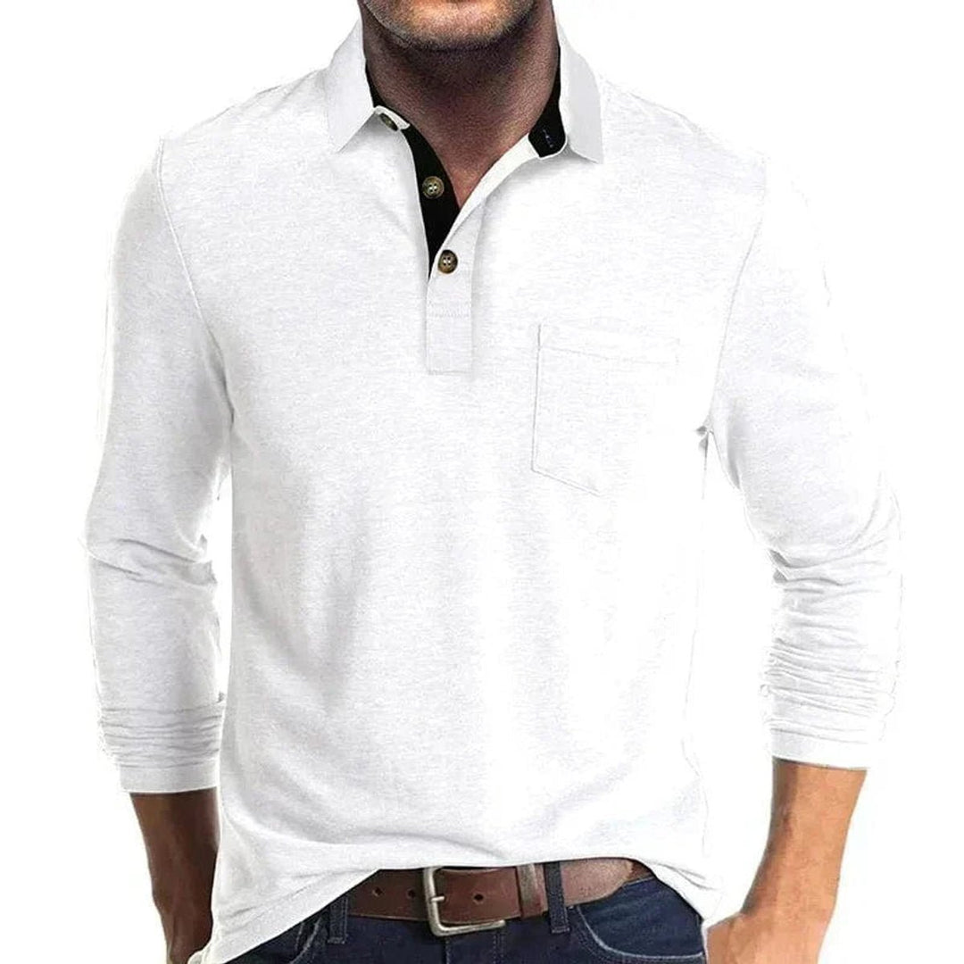 Men's Henley Long-Sleeve Contrast Collar Button-Placket Polo Shirt