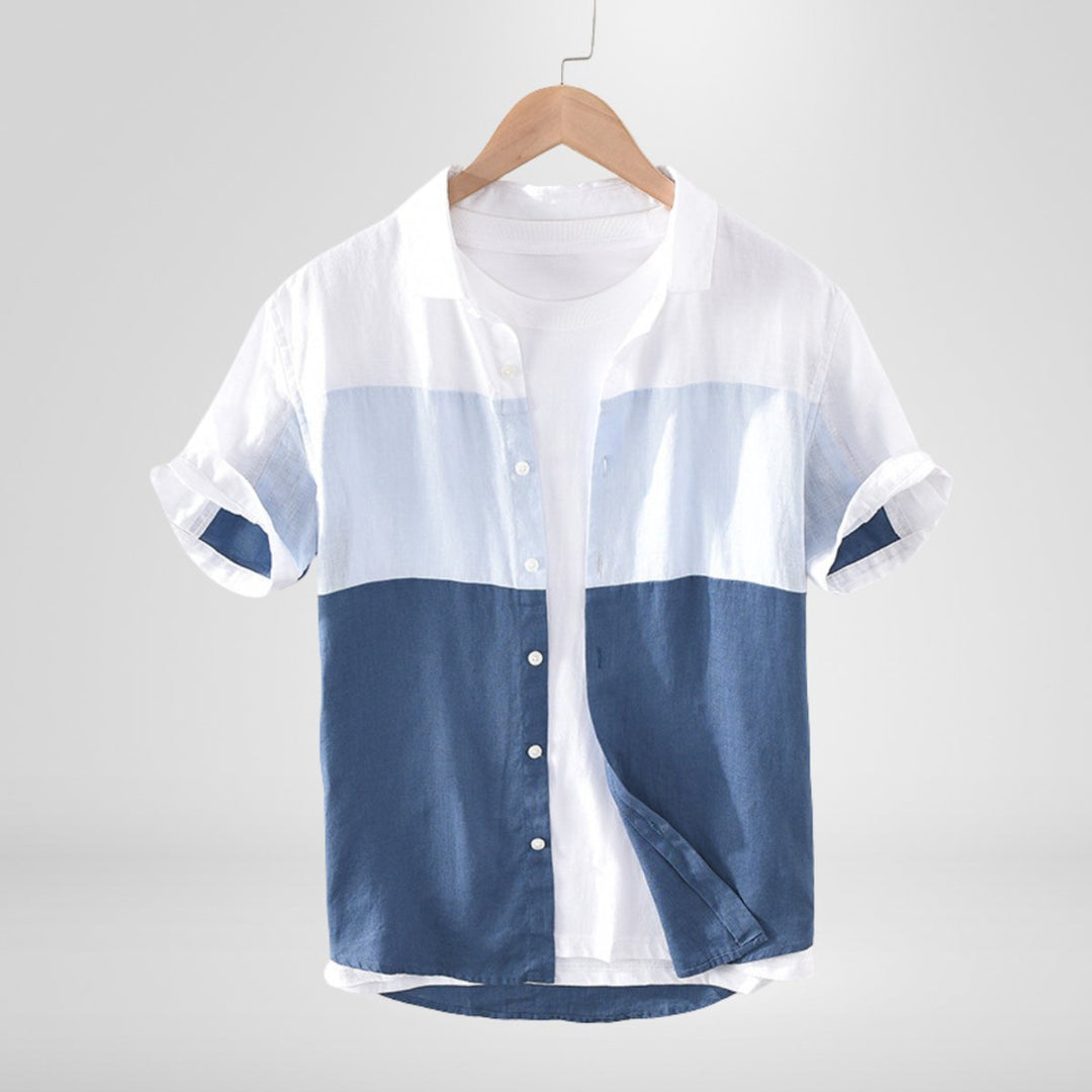 Men's Henley Long-Sleeve Cotton Colour-Block Short-Sleeve Shirt