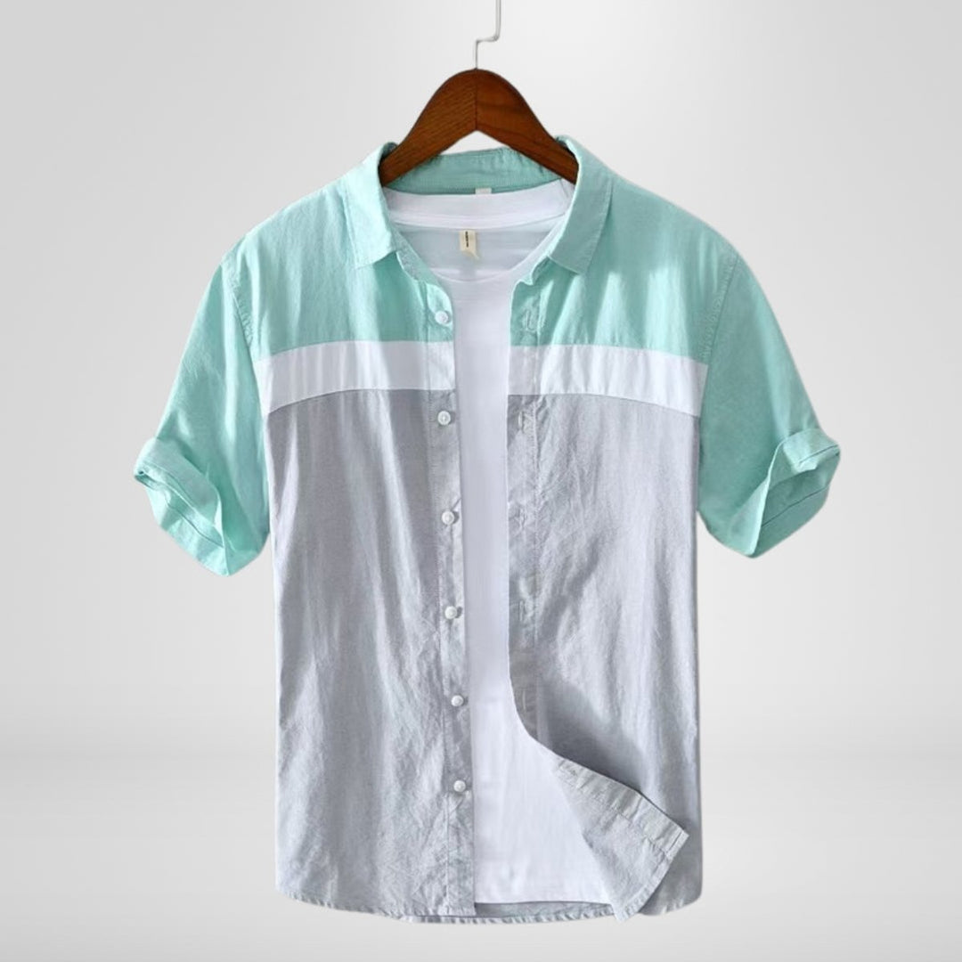 Men's Henley Long-Sleeve Cotton Colour-Block Short-Sleeve Shirt