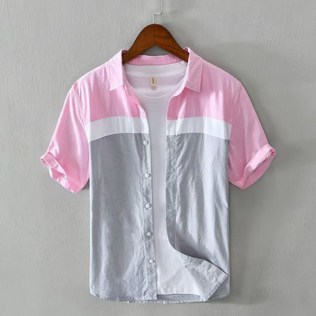 Men's Henley Long-Sleeve Cotton Colour-Block Short-Sleeve Shirt