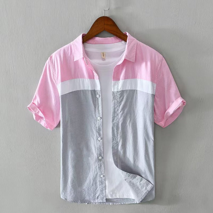 Men's Henley Long-Sleeve Cotton Colour-Block Short-Sleeve Shirt